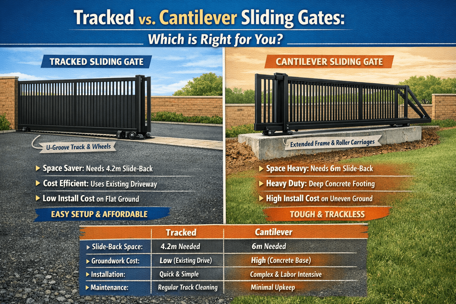 What Type of Sliding Gate Is Better: Cantilever (Trackless) or Rolling (Tracked)?
